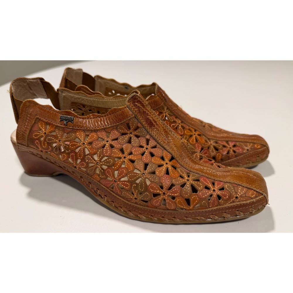 Pikolinos Leather Floral Laser Cut Wedge Sandals Brown Slingback Shoes Size 39